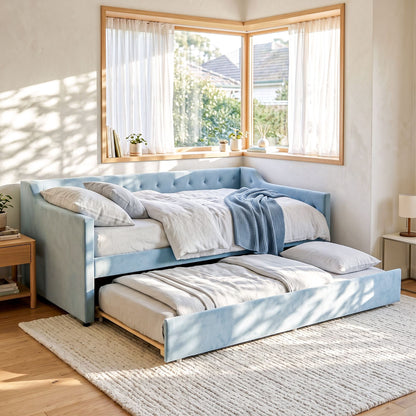 TWSC Single Buttonless Tufted Daybed Frame & Trundle, Blue