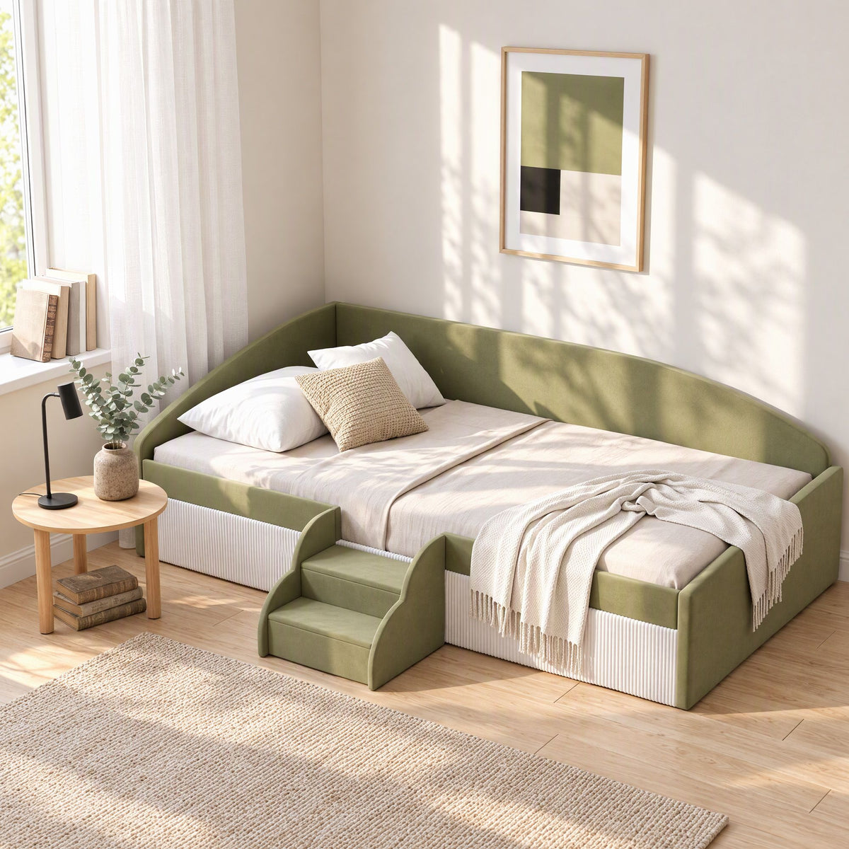 Artiss King Single Upholstered Daybed Sofa Bed with Centre Stairs, Olive