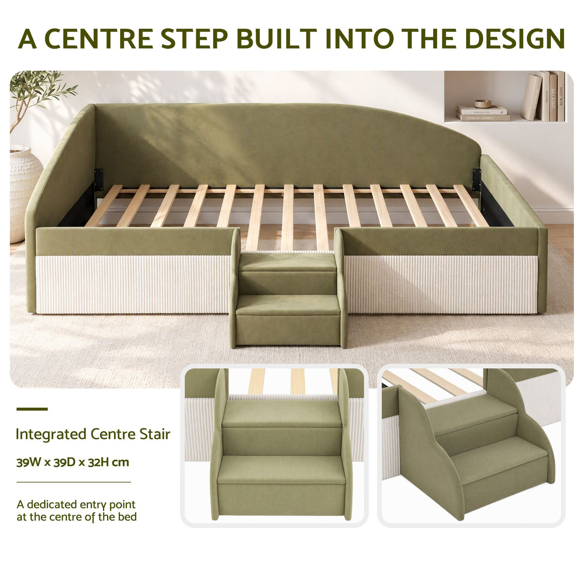 Artiss King Single Upholstered Daybed Sofa Bed with Centre Stairs, Olive