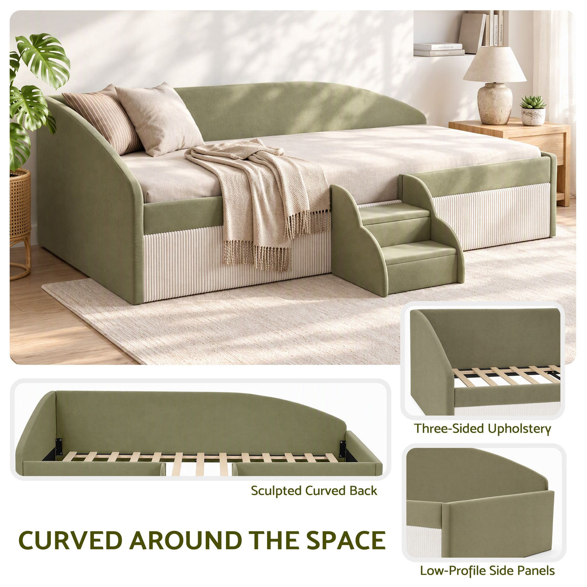 Artiss King Single Upholstered Daybed Sofa Bed with Centre Stairs, Olive