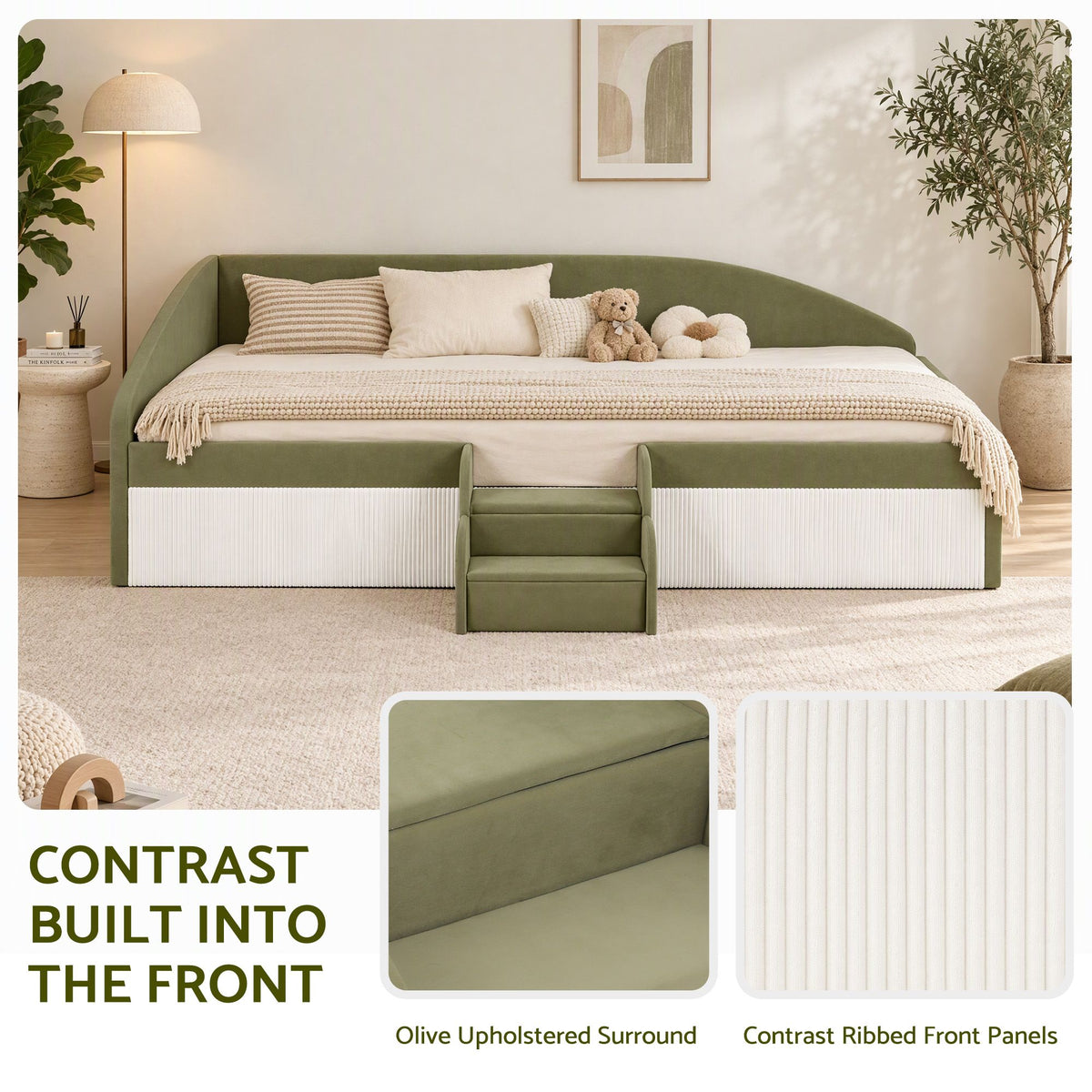 Artiss King Single Upholstered Daybed Sofa Bed with Centre Stairs, Olive