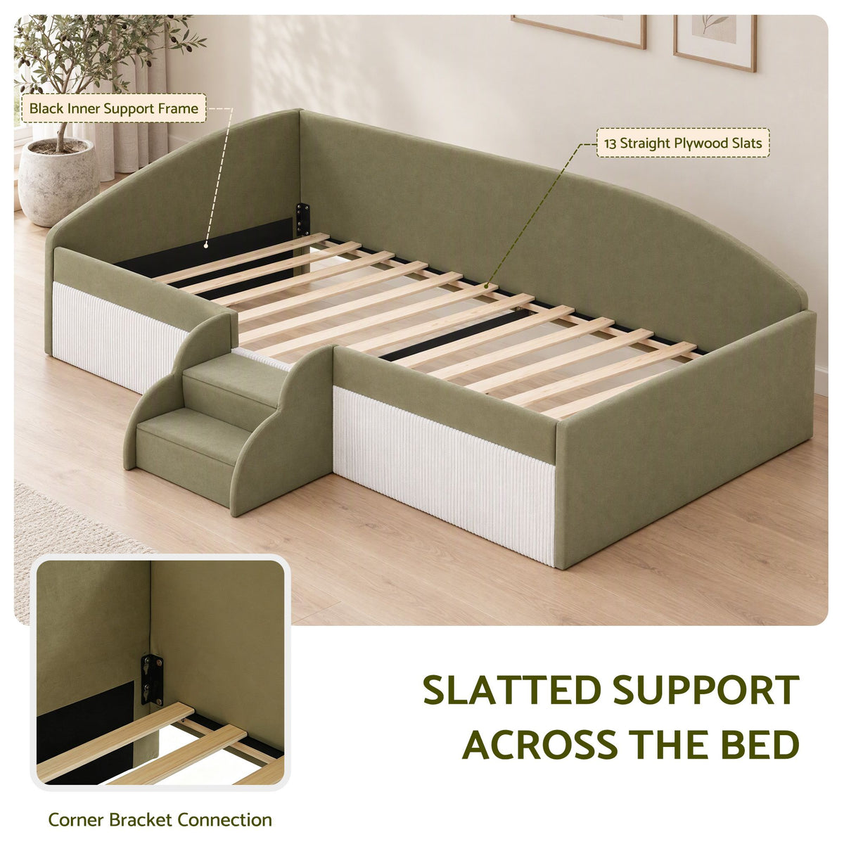 Artiss King Single Upholstered Daybed Sofa Bed with Centre Stairs, Olive