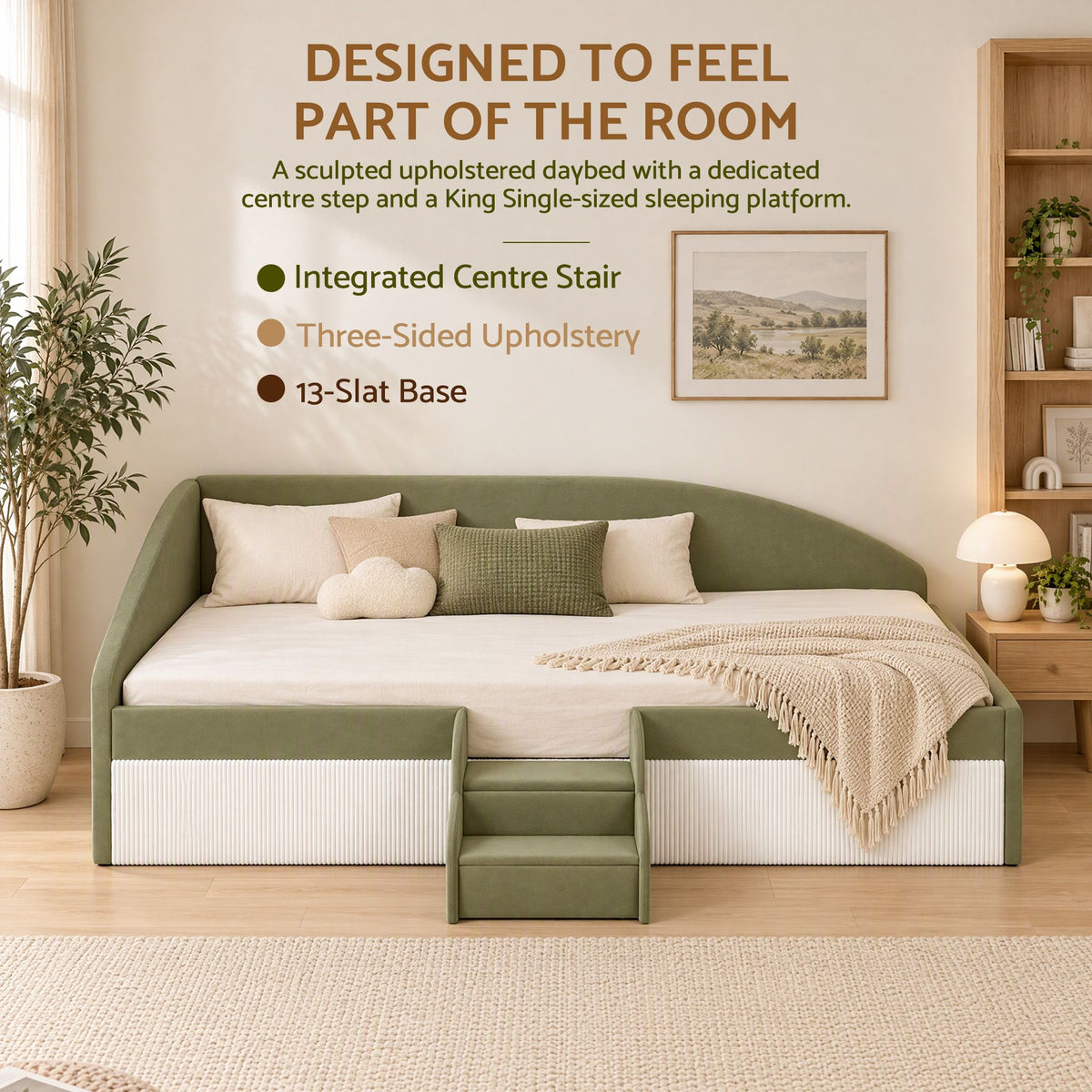 Artiss King Single Upholstered Daybed Sofa Bed with Centre Stairs, Olive