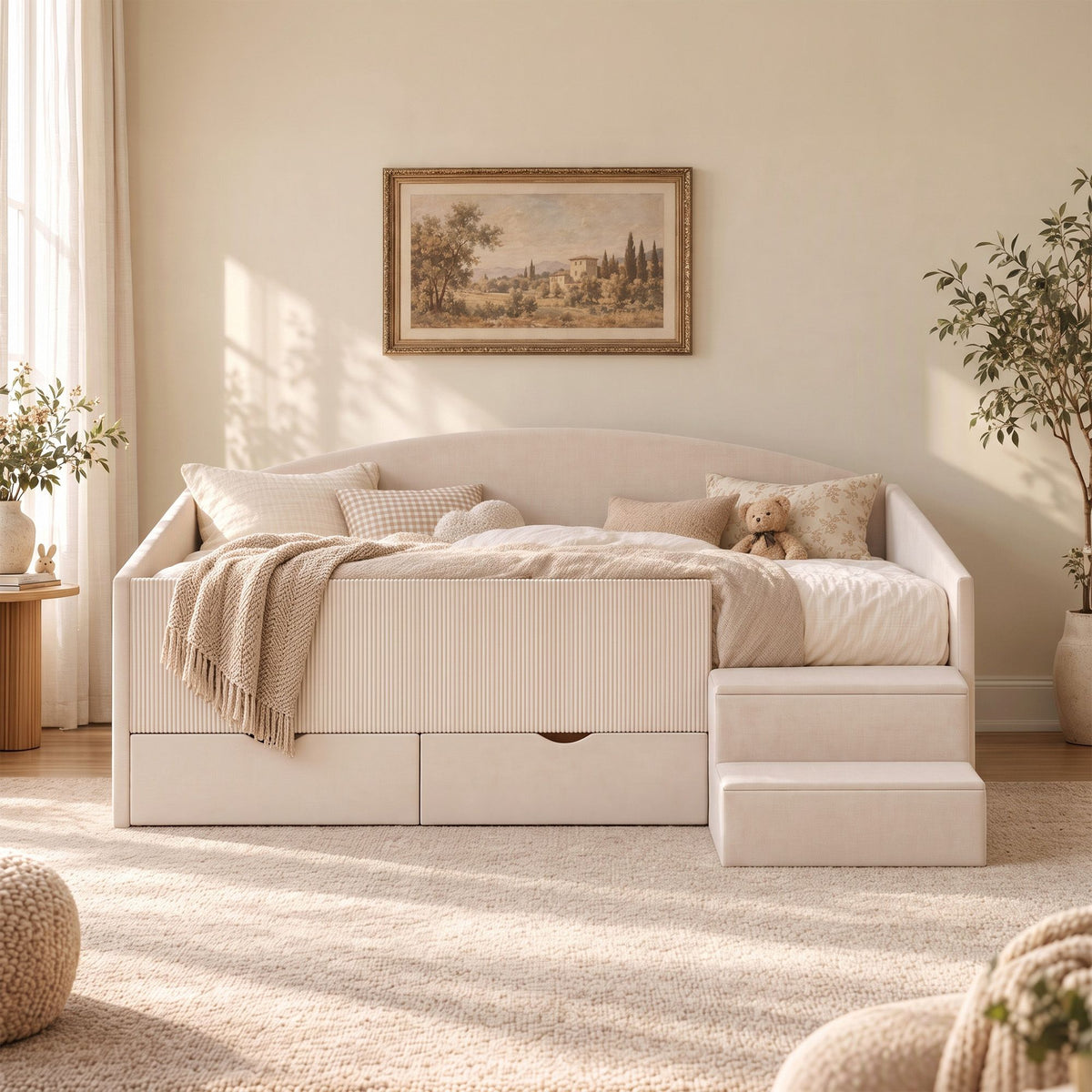 Artiss Single Upholstered Daybed with Side Stairs & Storage Drawers, Beige