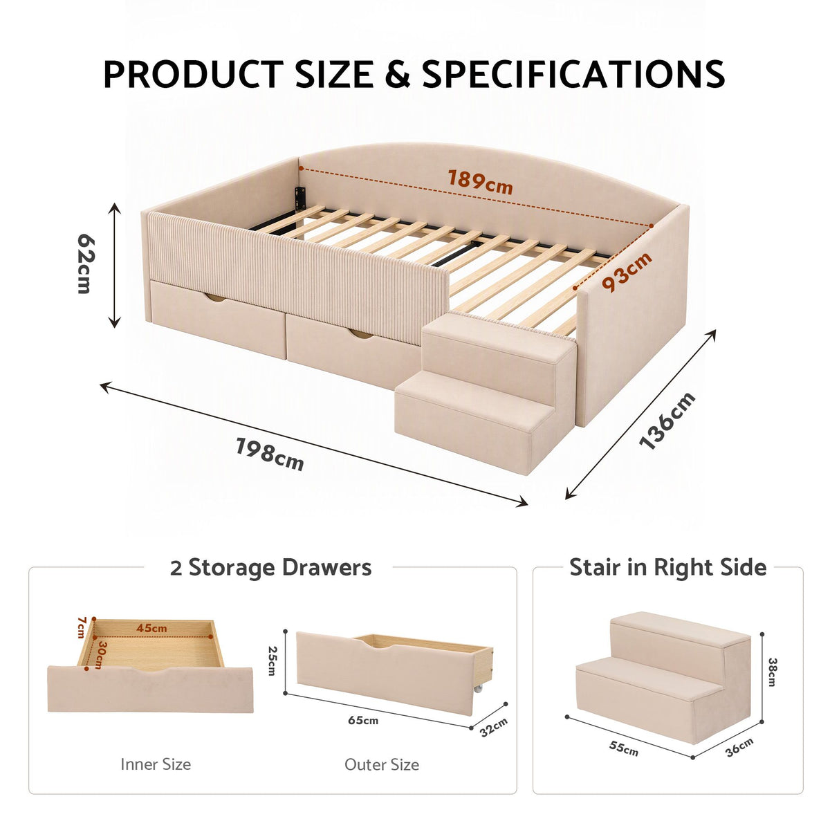 Artiss Single Upholstered Daybed with Side Stairs & Storage Drawers, Beige