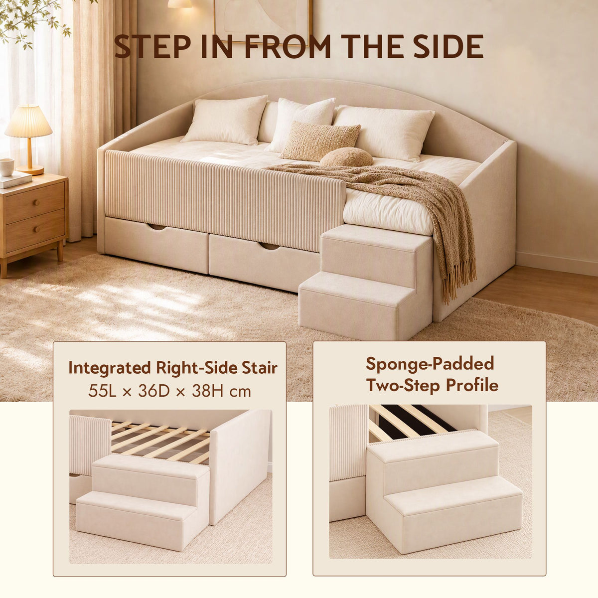 Artiss Single Upholstered Daybed with Side Stairs & Storage Drawers, Beige