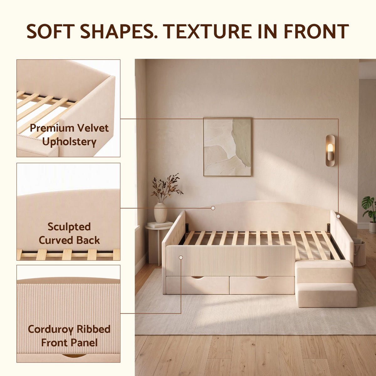 Artiss Single Upholstered Daybed with Side Stairs & Storage Drawers, Beige