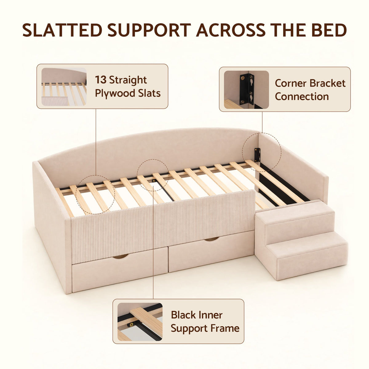 Artiss Single Upholstered Daybed with Side Stairs & Storage Drawers, Beige