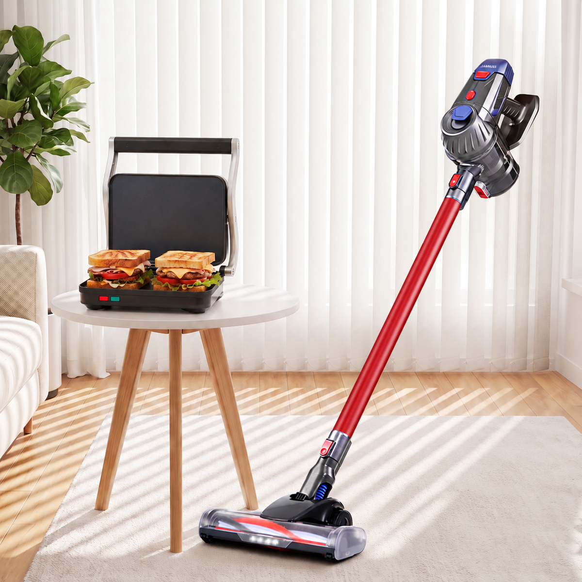 Devanti K7 Red Cordless Stick Vacuum & Sandwich Press Bundle in a home setting