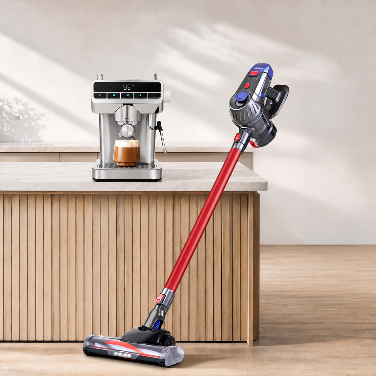 Devanti K7 Red Cordless Stick Vacuum & Espresso Machine Bundle – LED Display in a home setting