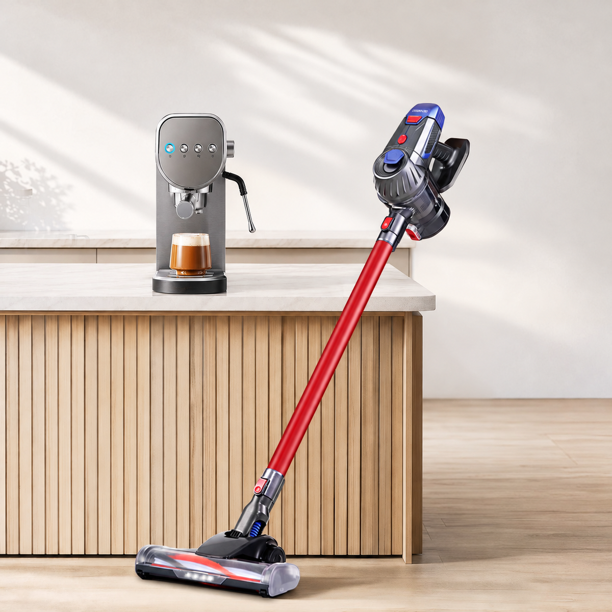 Devanti K7 Red Cordless Stick Vacuum & Espresso Machine Bundle – Button Controls in a home setting