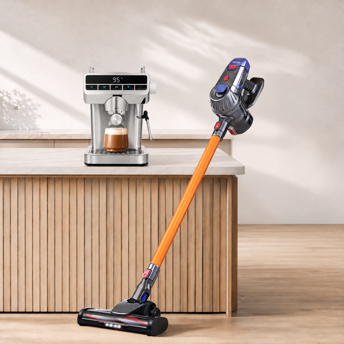 Devanti K7 Gold Cordless Stick Vacuum & Espresso Machine Bundle – LED Display in a home setting