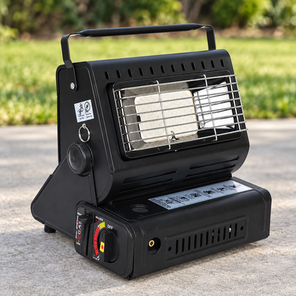 Portable Butane Gas Heater Camping Camp Tent Outdoor Hiking Camper Survival Black on an open outdoor patio