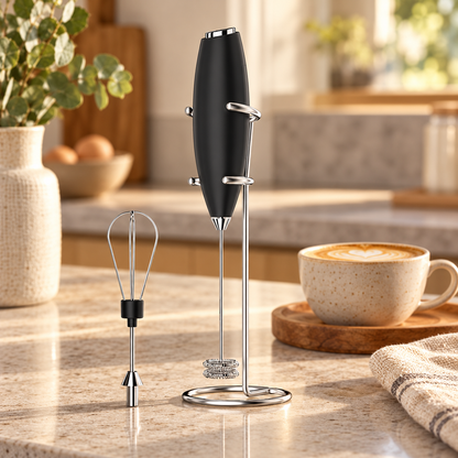 Black battery-powered frother with stand and whisk attachment in a warm modern kitchen