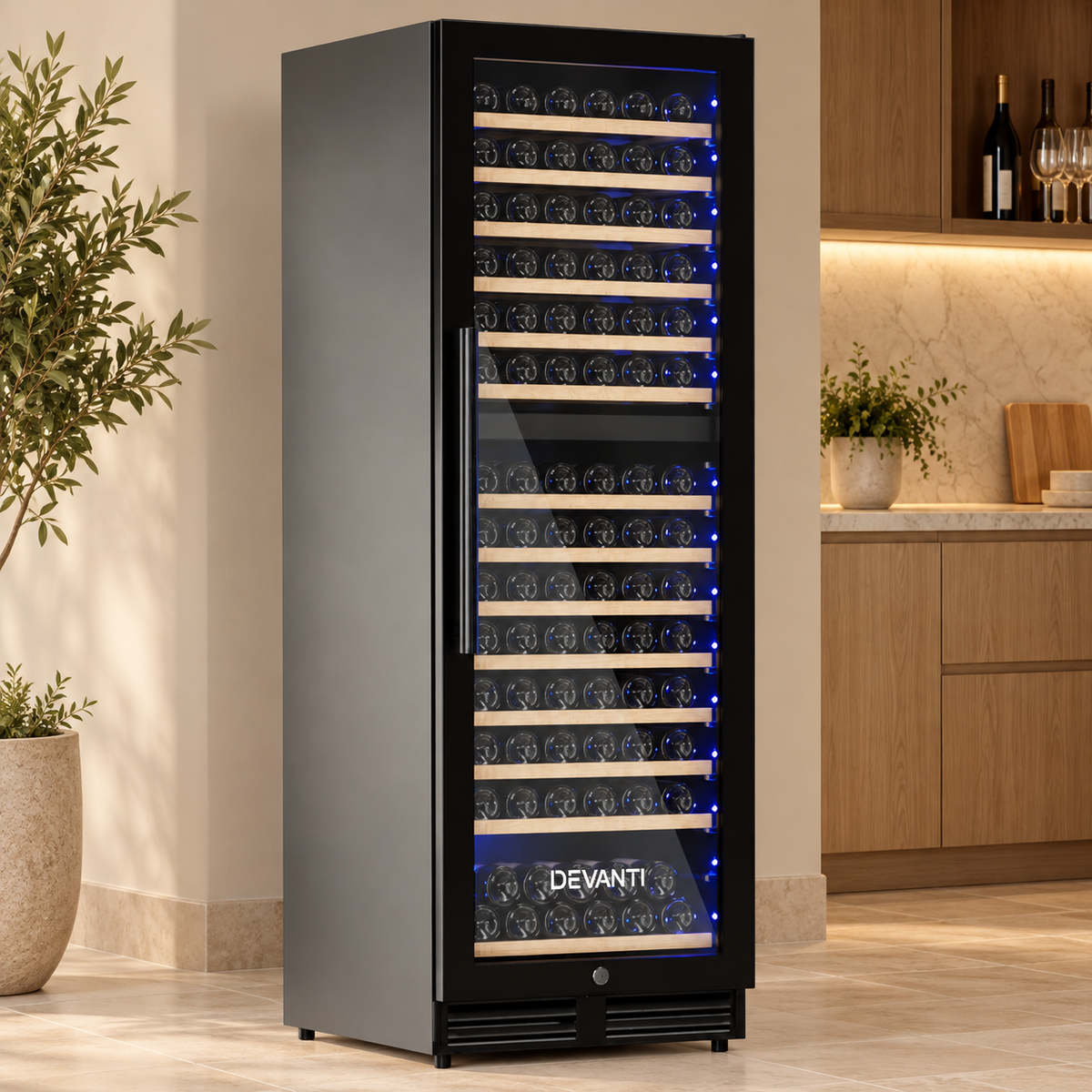Devanti 154-bottle wine fridge in a home wine bar