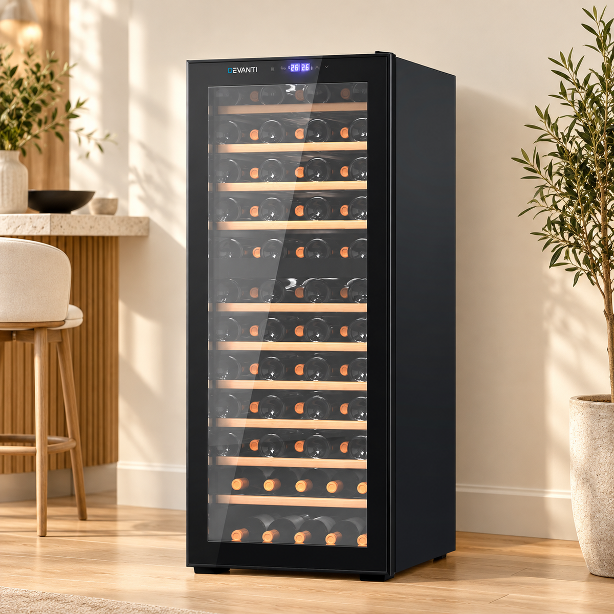 Devanti 80-bottle dual-zone wine fridge in a home bar setting
