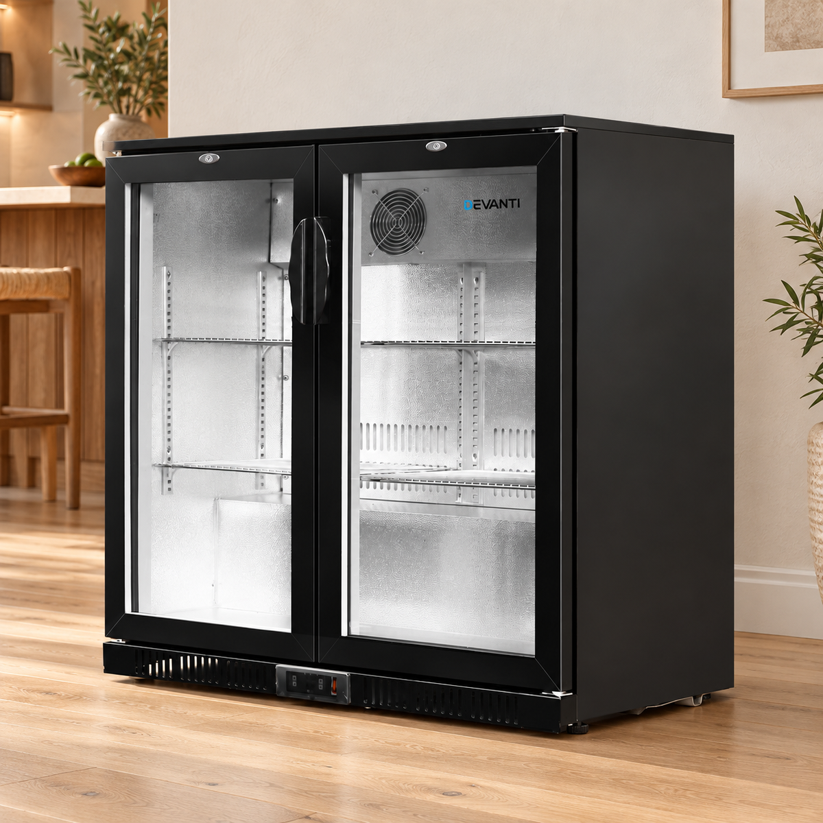 Bar Fridge – Dual Glass Doors, 198L, Black in a warm lifestyle setting