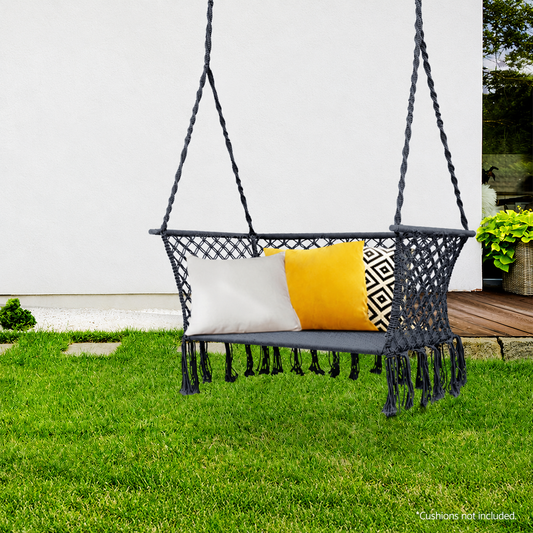 Hammock Chair – Handmade 2-Person, Grey Cotton-Polyester Blend styled in a lifestyle setting; styling cushions not included
