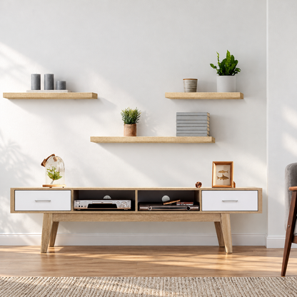 Set of three oak-finish floating wall shelves styled in a bright living room