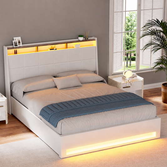 White double Sunset bed frame with warm LED lighting and storage headboard in a styled bedroom