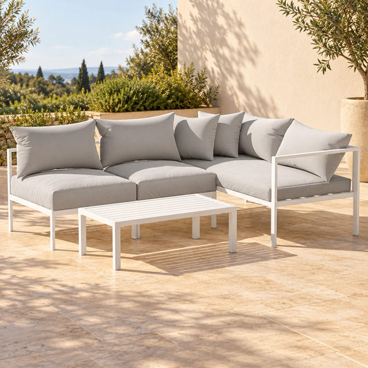 4-Seater Outdoor Sofa Set – Aluminium Frame, Grey Cushions in a warm lifestyle setting
